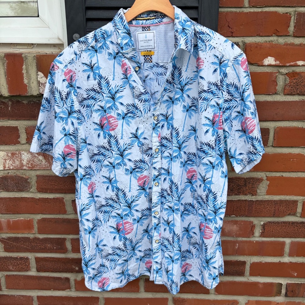 Cactus Man Slim Fit Short Sleeve Tropical Palm Tree Sunset Button Down Shirt L‎